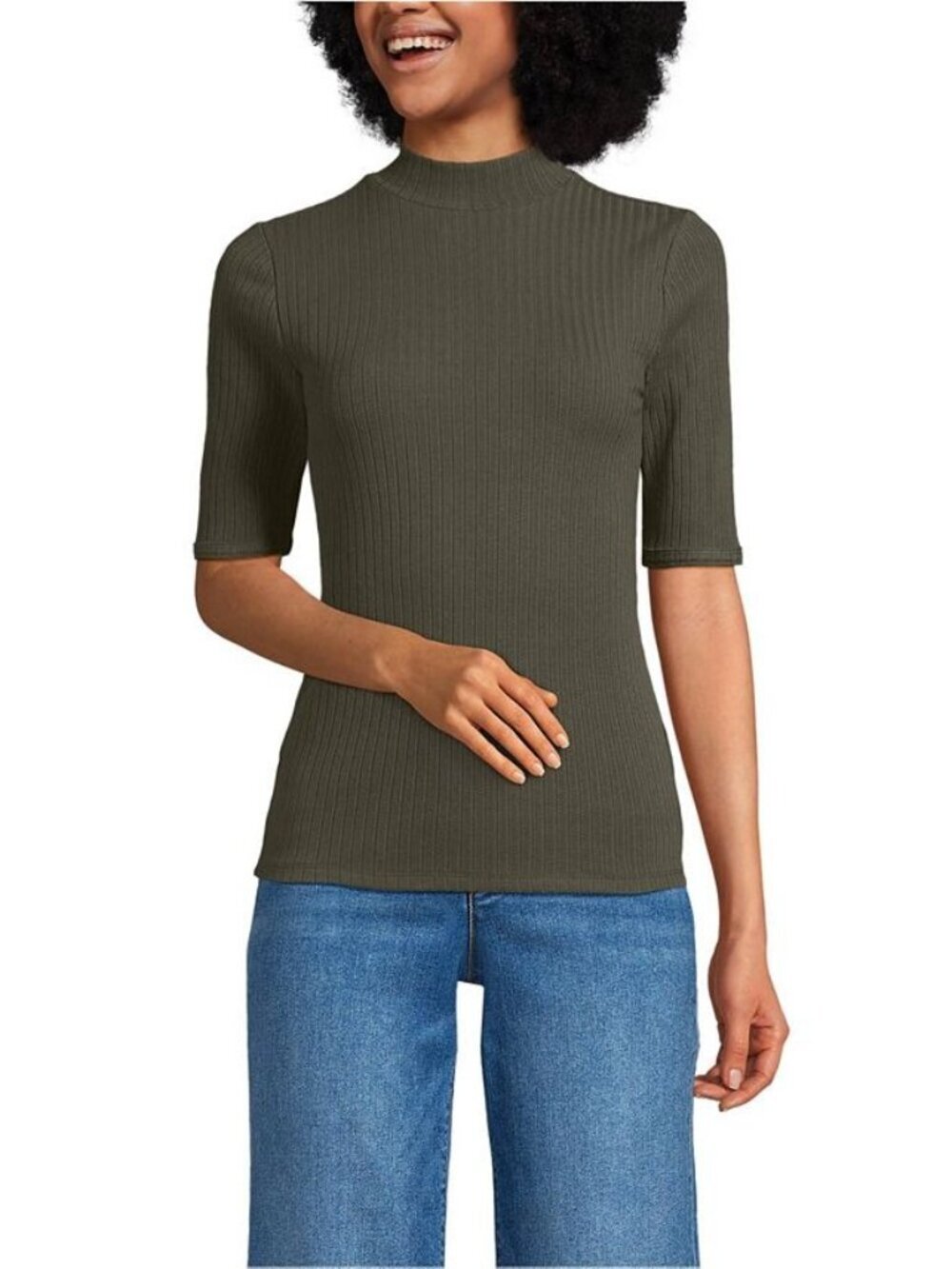 2/$30 Lands' End Elbow Sleeve Pointelle Rib Mock Neck Knit Top Olive #A2177